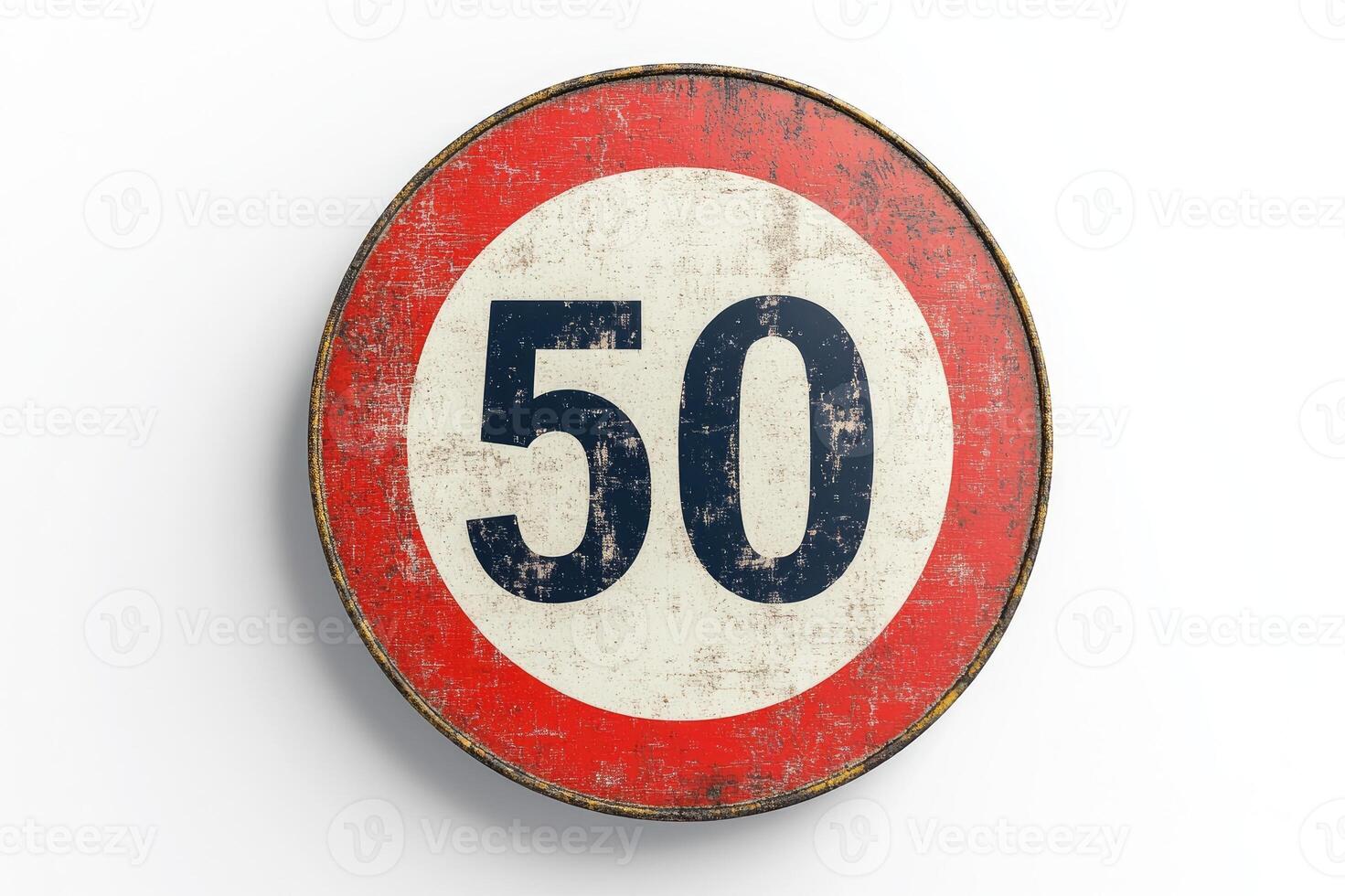 Old weathered speed limit sign showing fifty kmh on white background photo