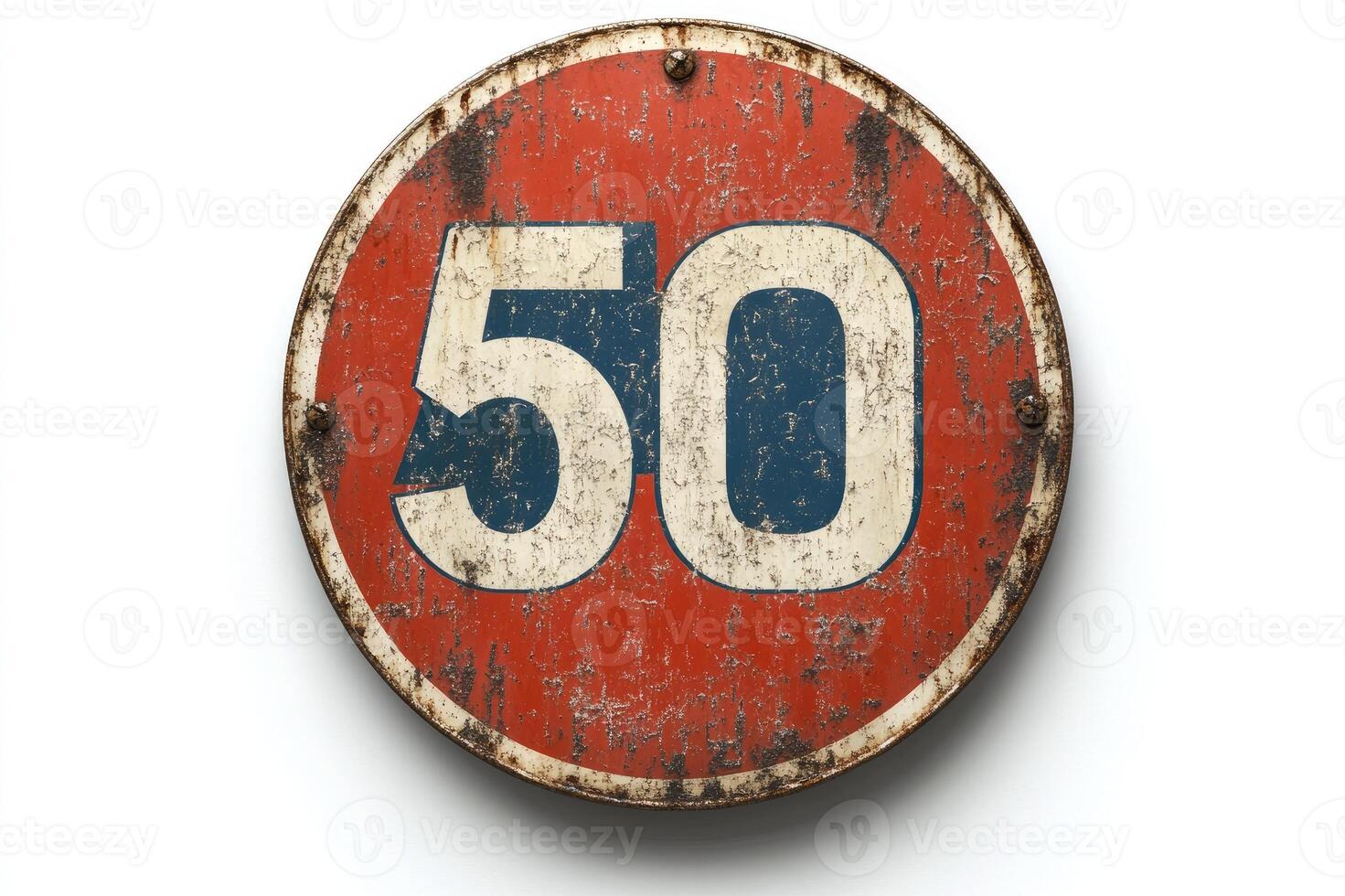 Rusty vintage looking speed limit traffic sign showing fifty on white background photo
