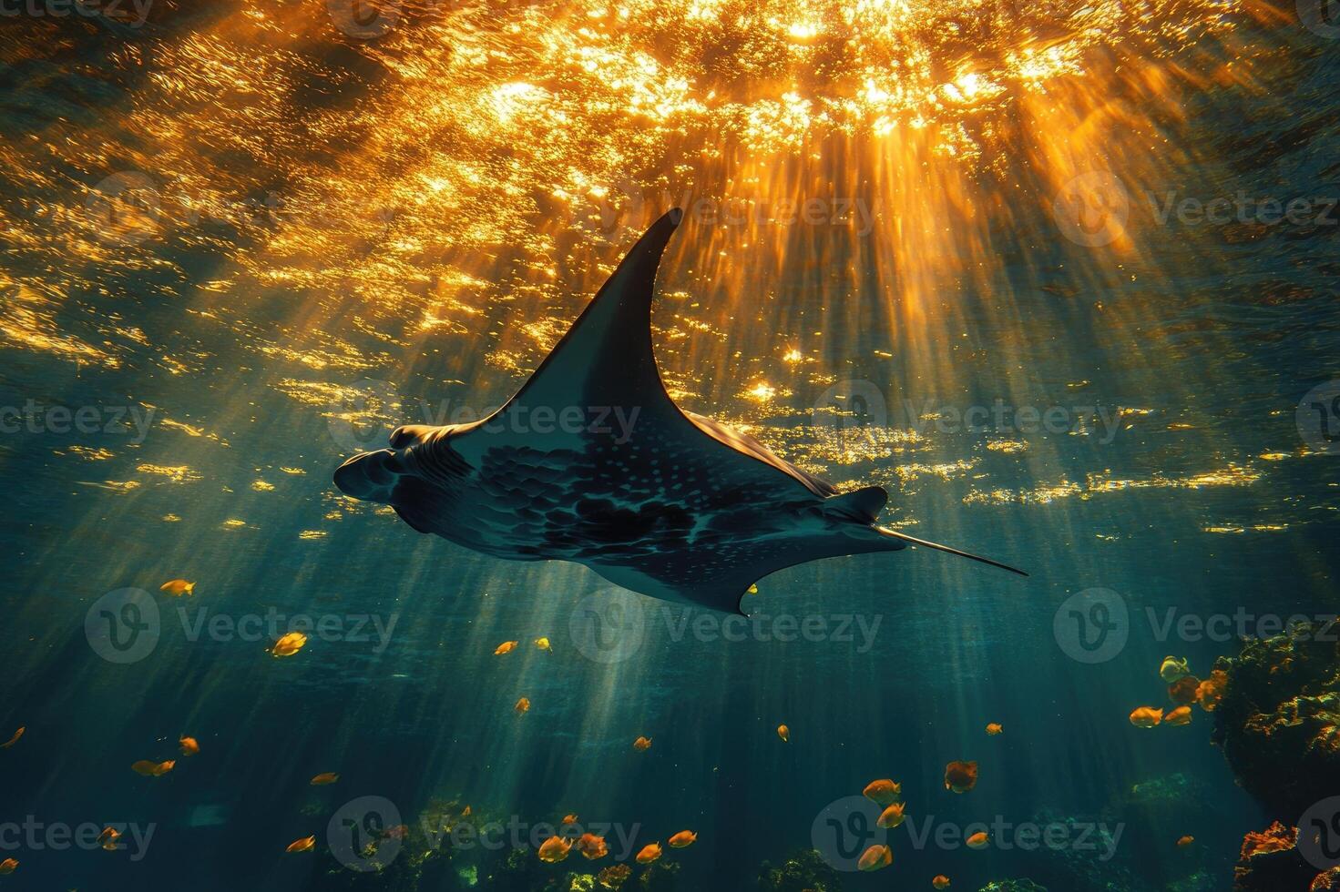Giant oceanic manta ray swimming in golden sunbeams underwater photo