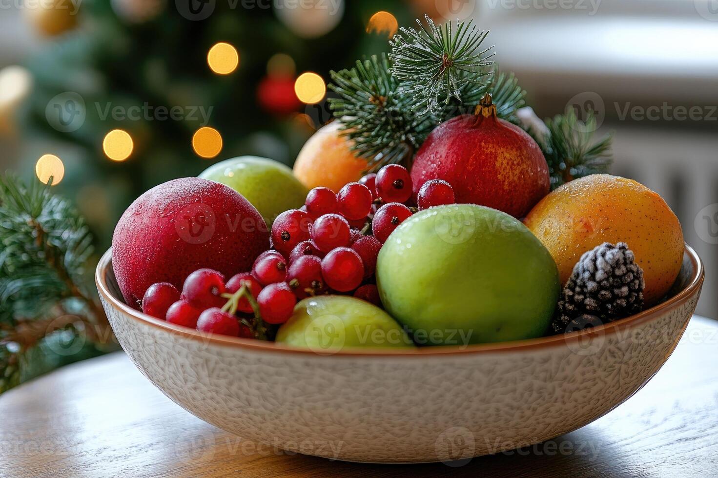 Bowl overflowing with festive fruits and pine sprigs in front of christmas tree lights photo