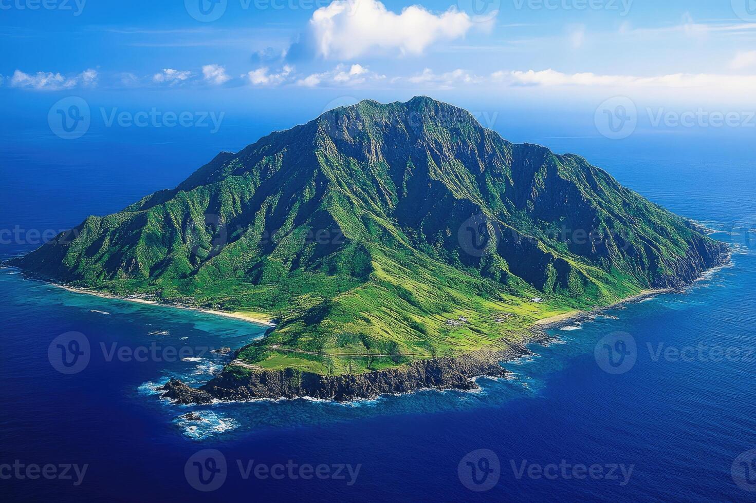 Lush green volcanic island emerging from the deep blue sea in japan photo