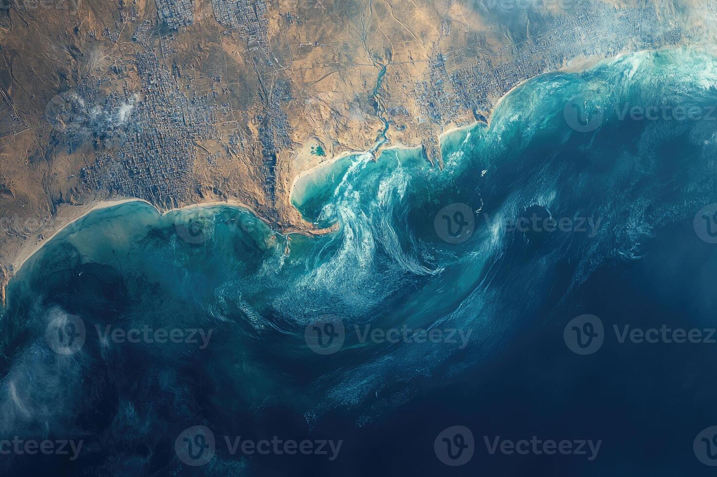 Turquoise ocean waves crashing on sandy beach, aerial view of coastal landscape photo