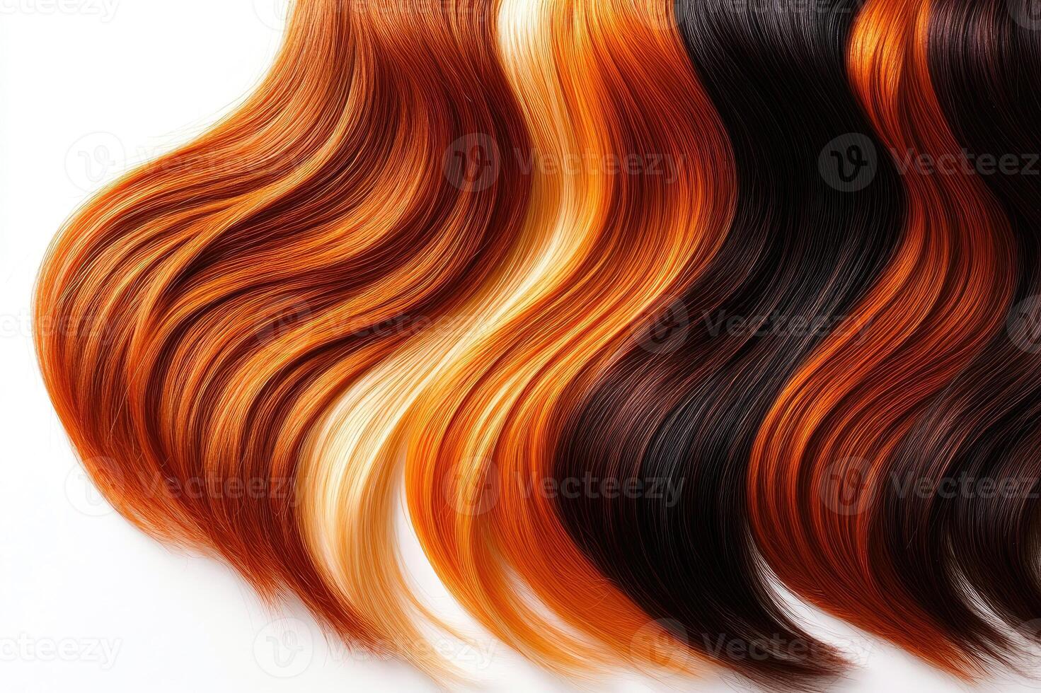 Shiny healthy colorful hair strands flowing on white background photo