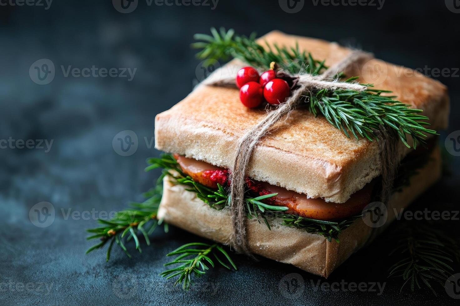 Christmas sandwich wrapped like a present with smoked meat, herbs and red berries photo