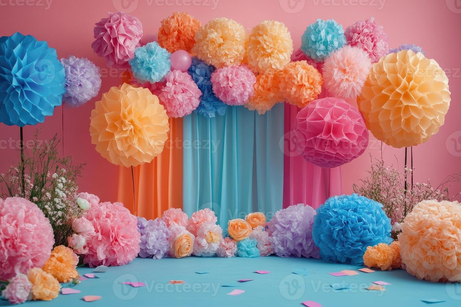 Colorful paper flowers decorating a festive party backdrop photo