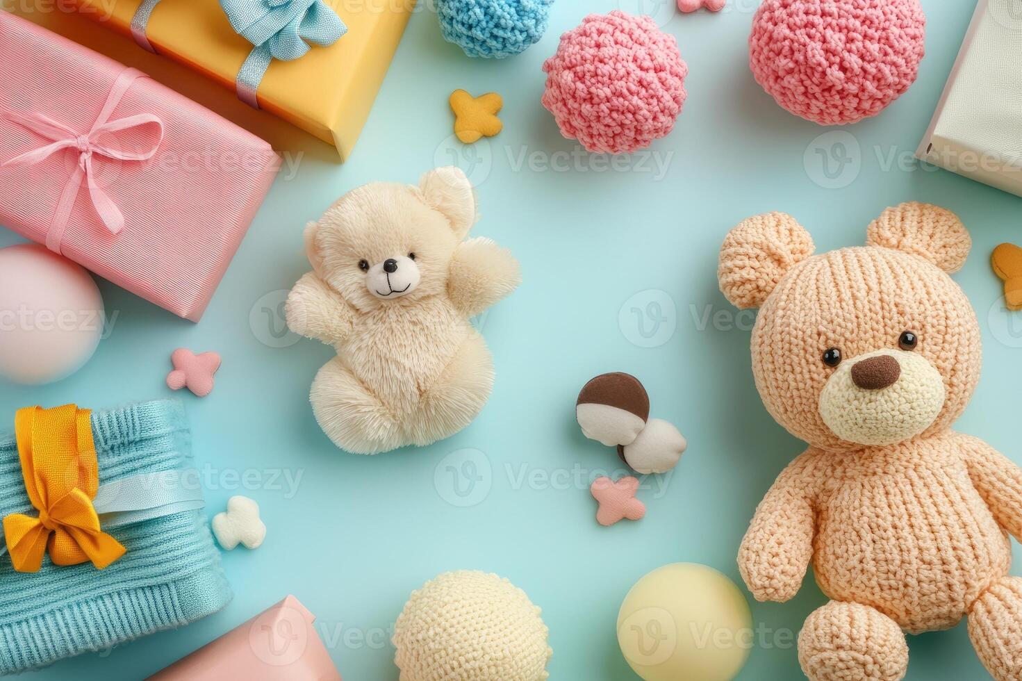 Two teddy bears surrounded by gifts and decorations on light blue background photo