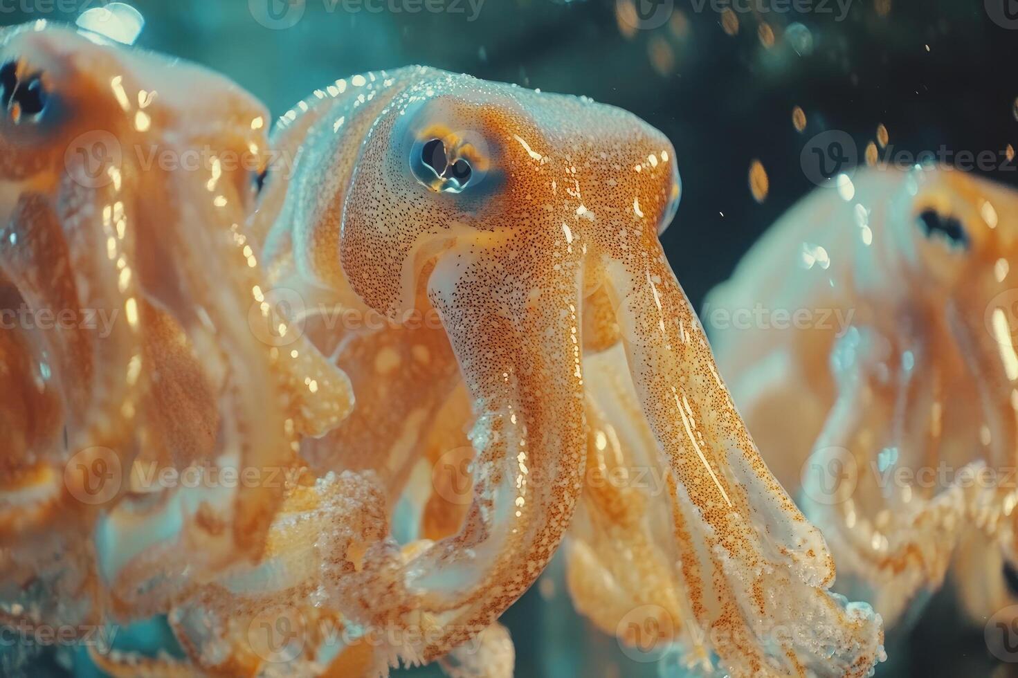 Stubborn cuttlefish swimming in dark water with air bubbles photo