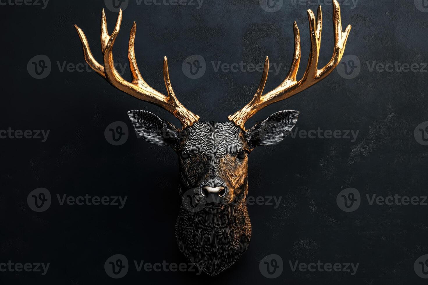 Majestic deer head with golden antlers mounted on black wall photo