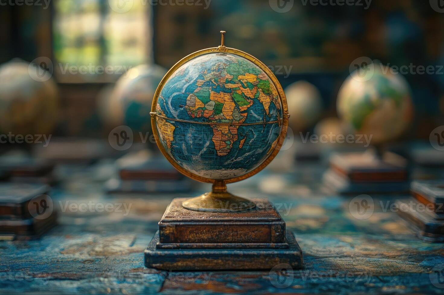 Vintage globe showing africa resting on stack of old books in library photo