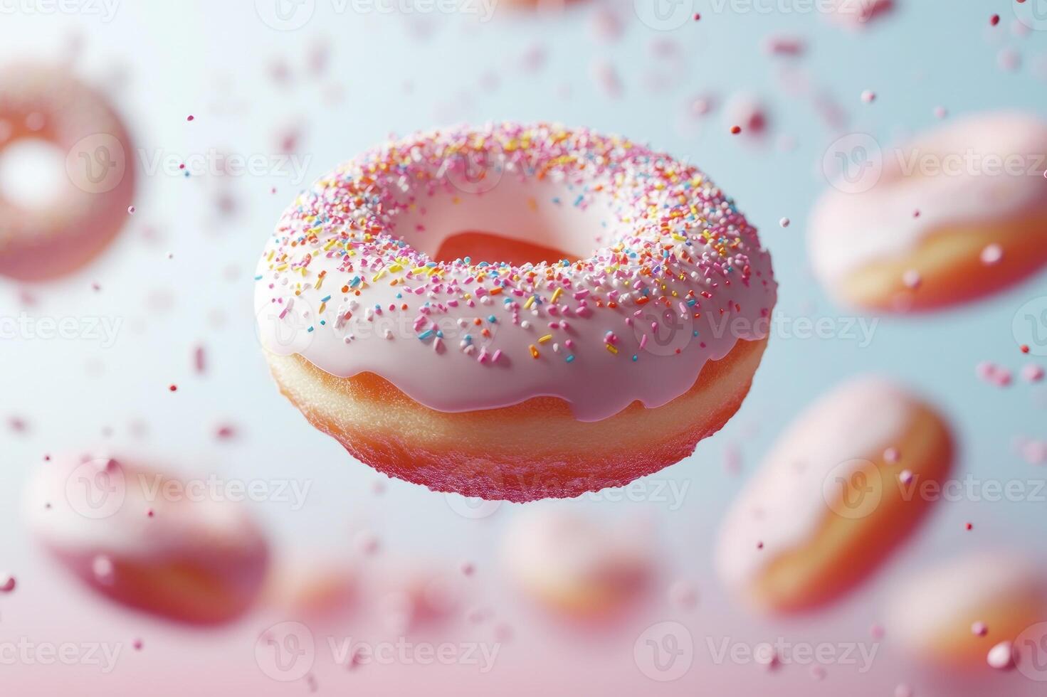 Delicious pink iced donut floating with sprinkles on a pastel background photo