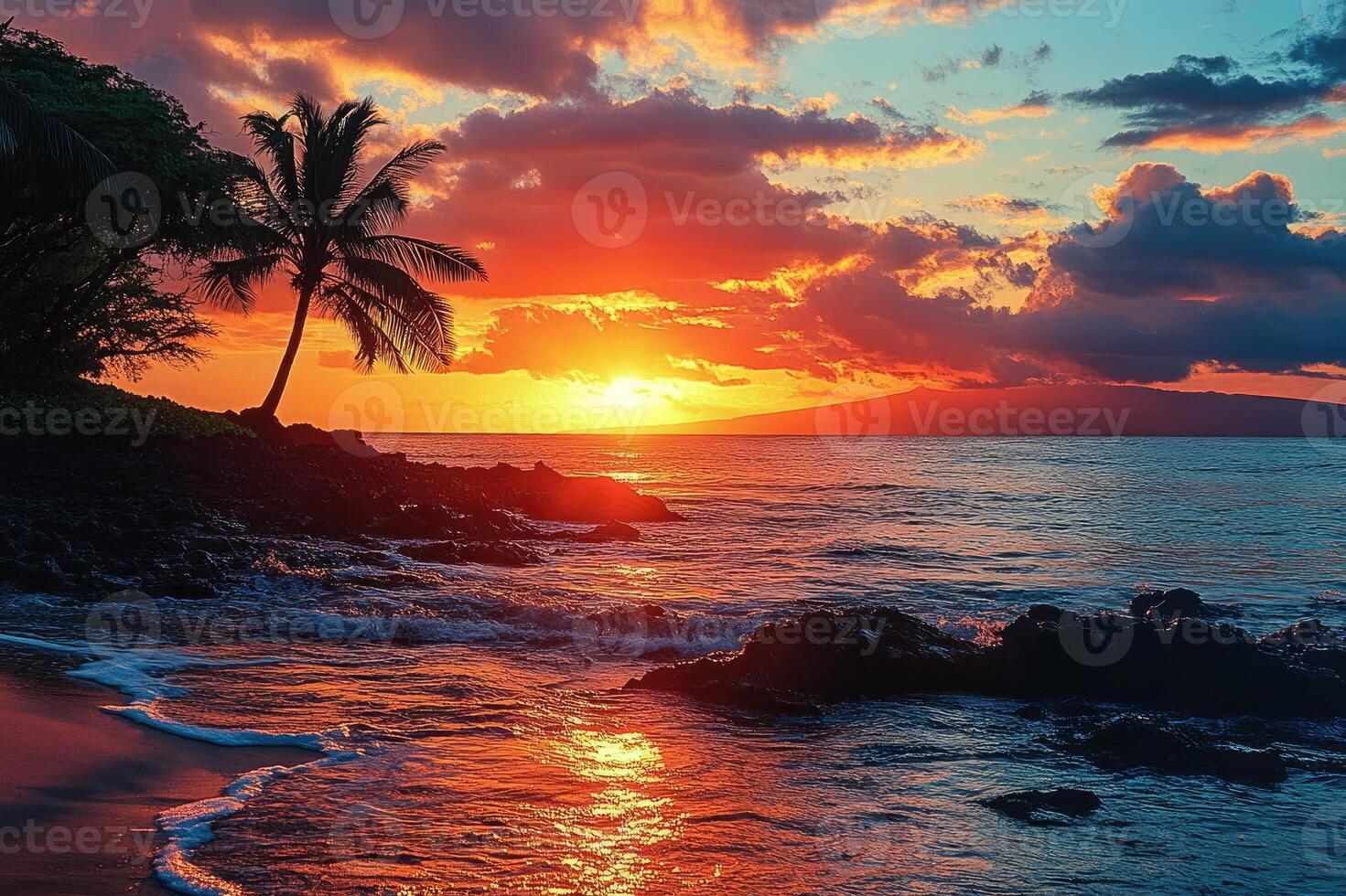 Palm tree silhouetted against vibrant hawaiian sunset over ocean photo