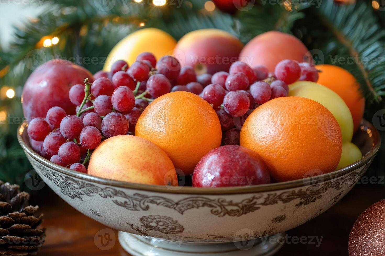 Bowl overflowing with fresh fruit creating a festive christmas centerpiece photo