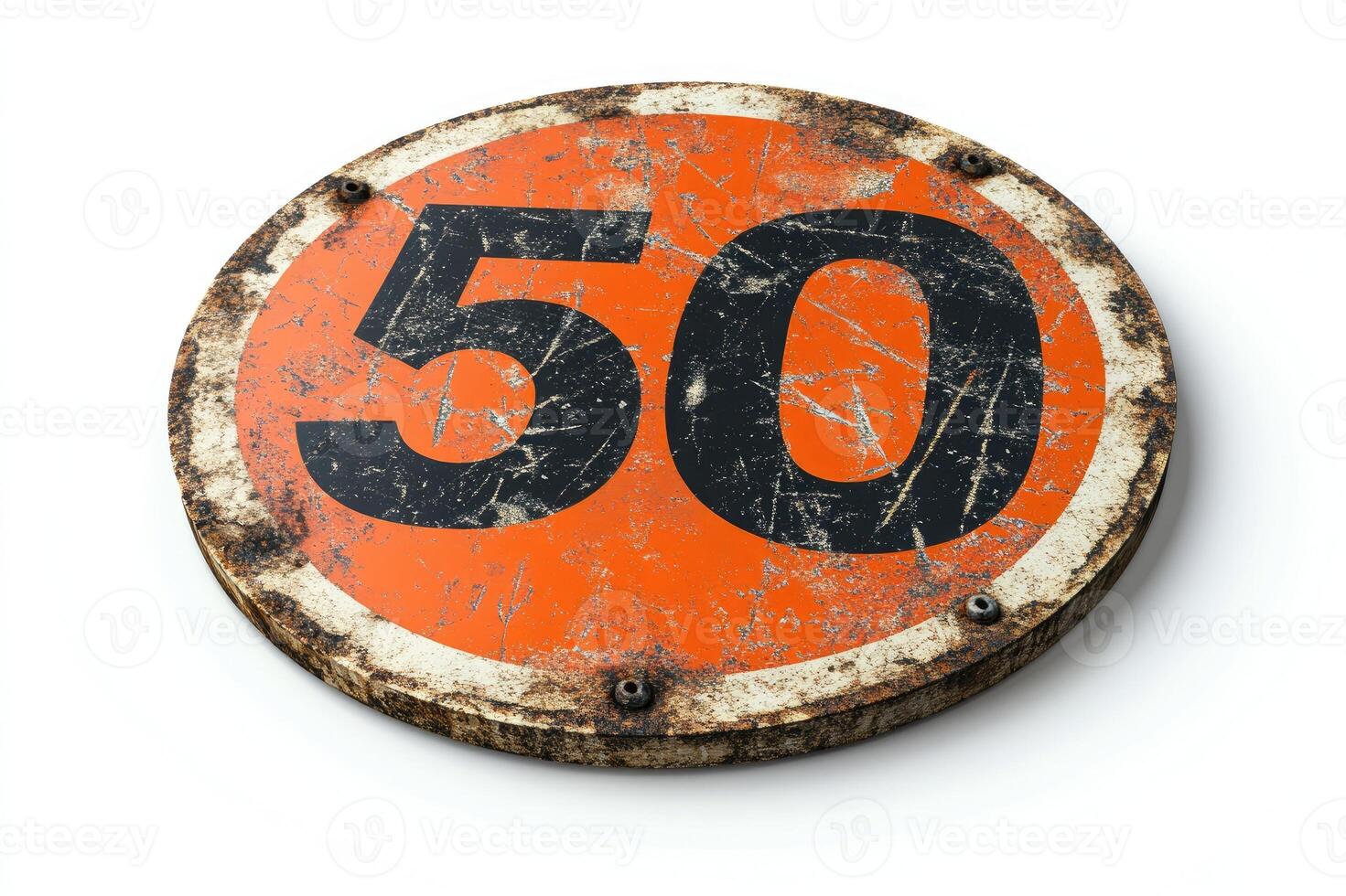 Rusty and weathered speed limit 50 road sign isolated on white background photo