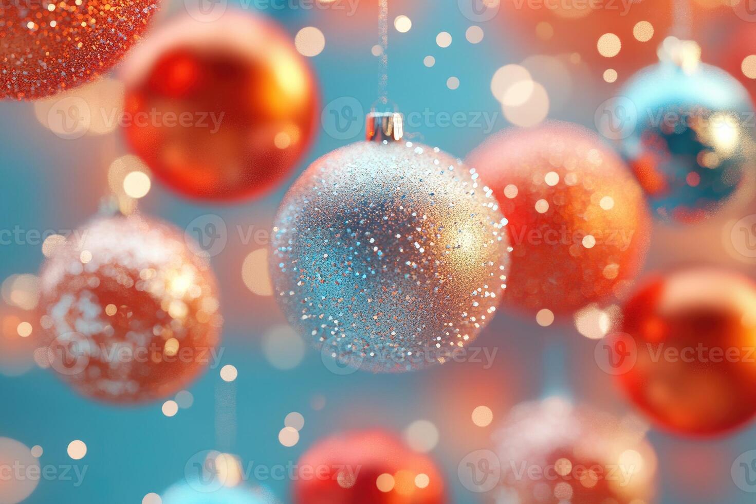 Christmas ornaments hanging, creating a festive atmosphere with sparkling glitter and bokeh effect photo