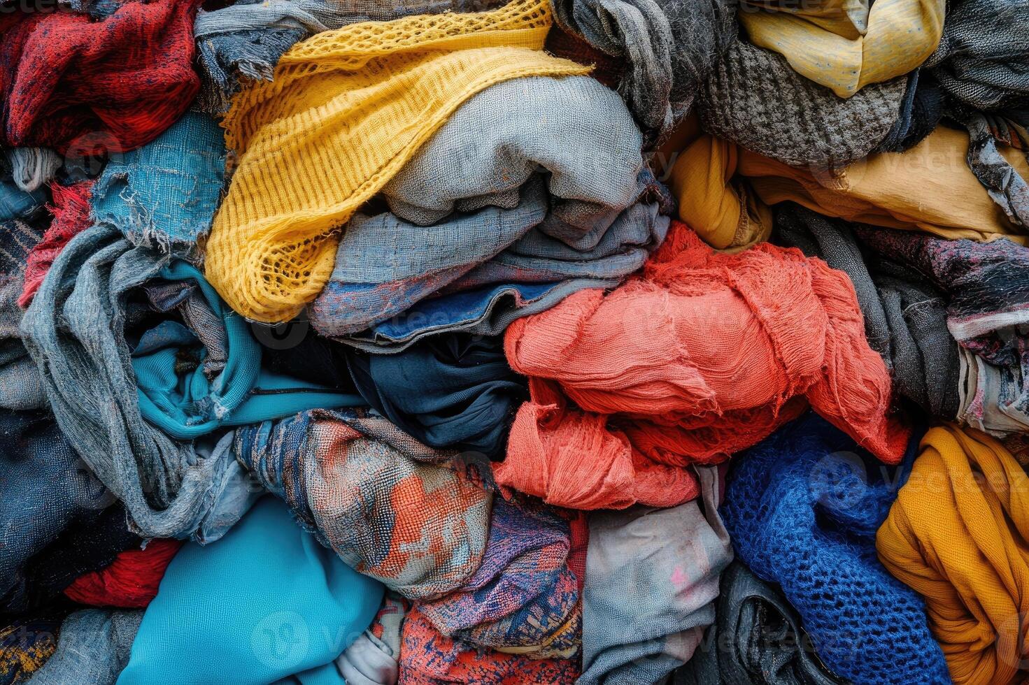 Pile of colorful used clothes filling the frame, representing recycling, second hand clothing, and donations photo