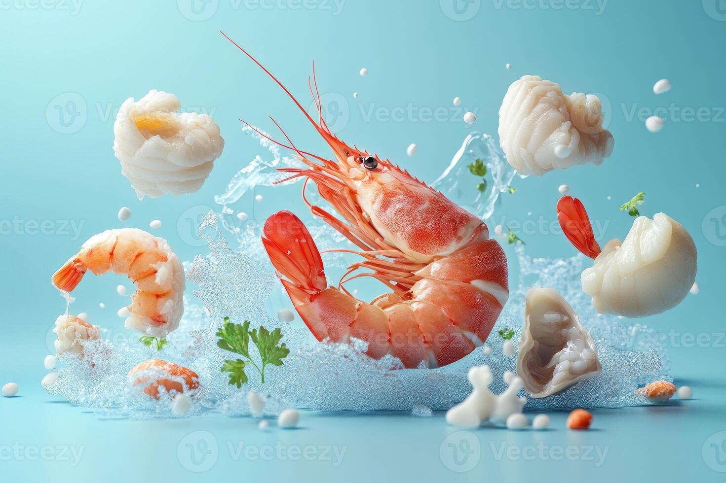 Fresh shrimp, scallops, and parsley splashing in water on vibrant blue background photo