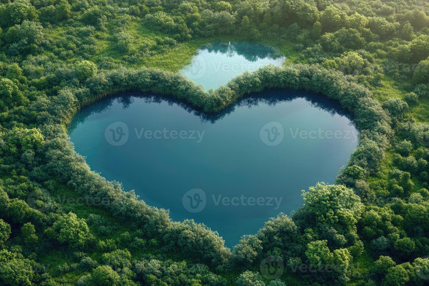 Heart shaped lake reflecting green lush forest in aerial view photo