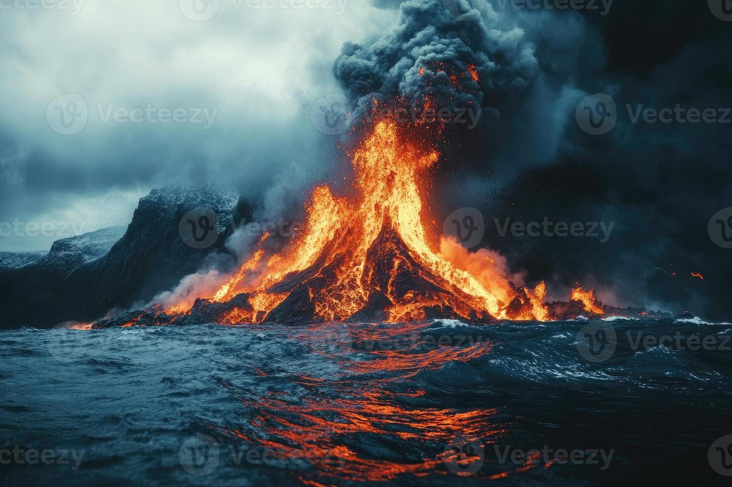 Volcano erupting from the ocean creating lava and smoke photo