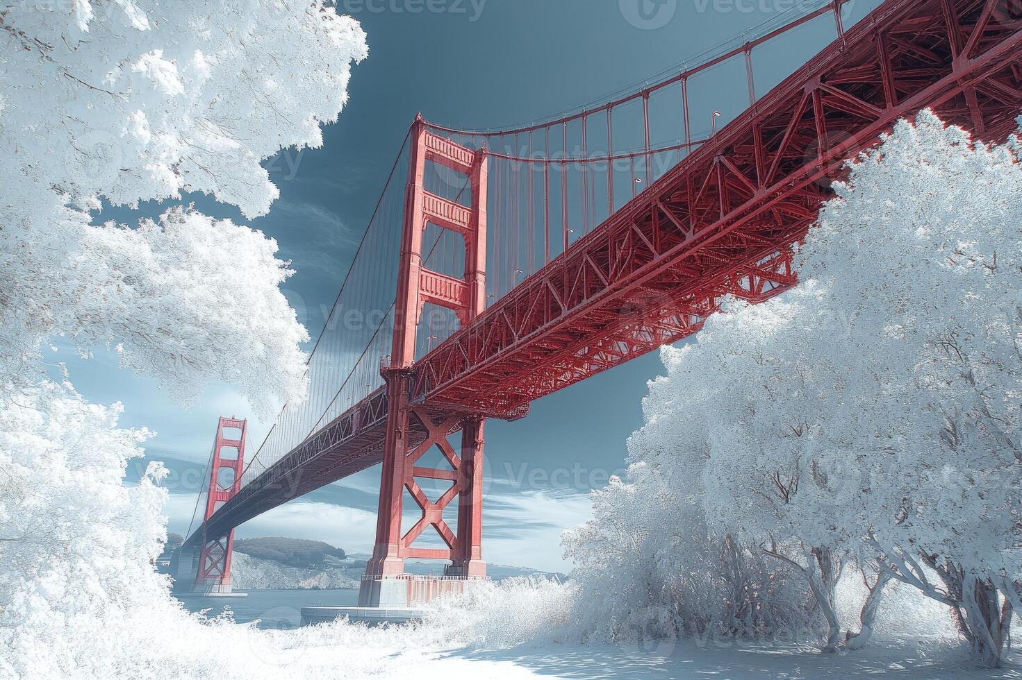 Golden gate bridge framed by infrared trees in san francisco photo
