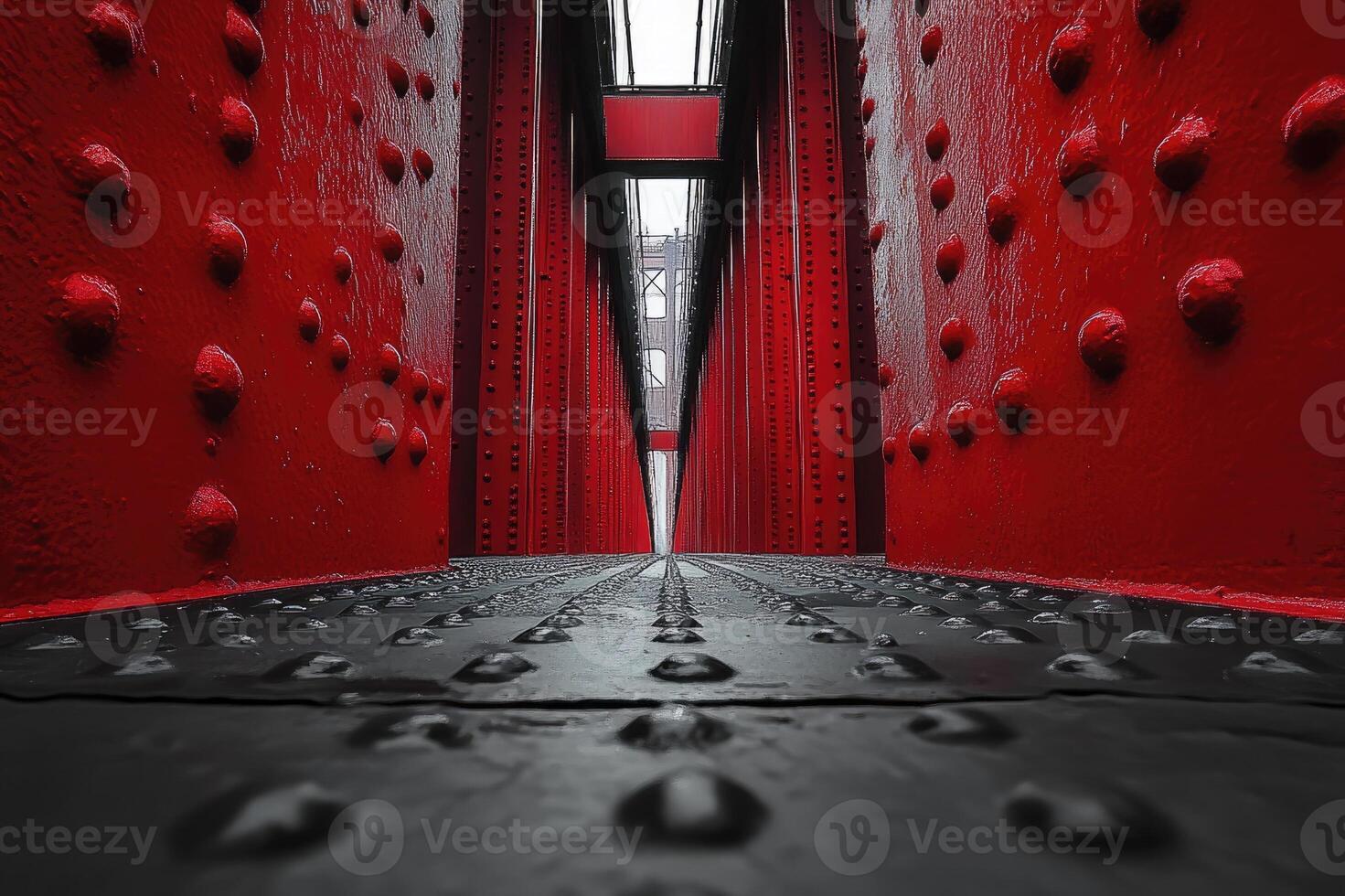 Rivets and metal plates create a corridor effect on a red bridge photo