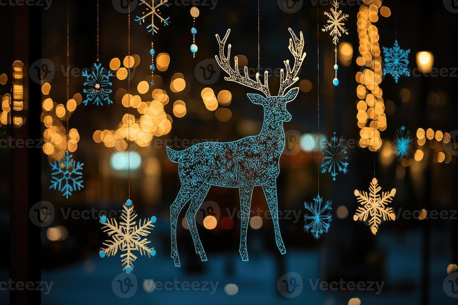 Christmas reindeer and snowflakes hanging, creating festive atmosphere photo