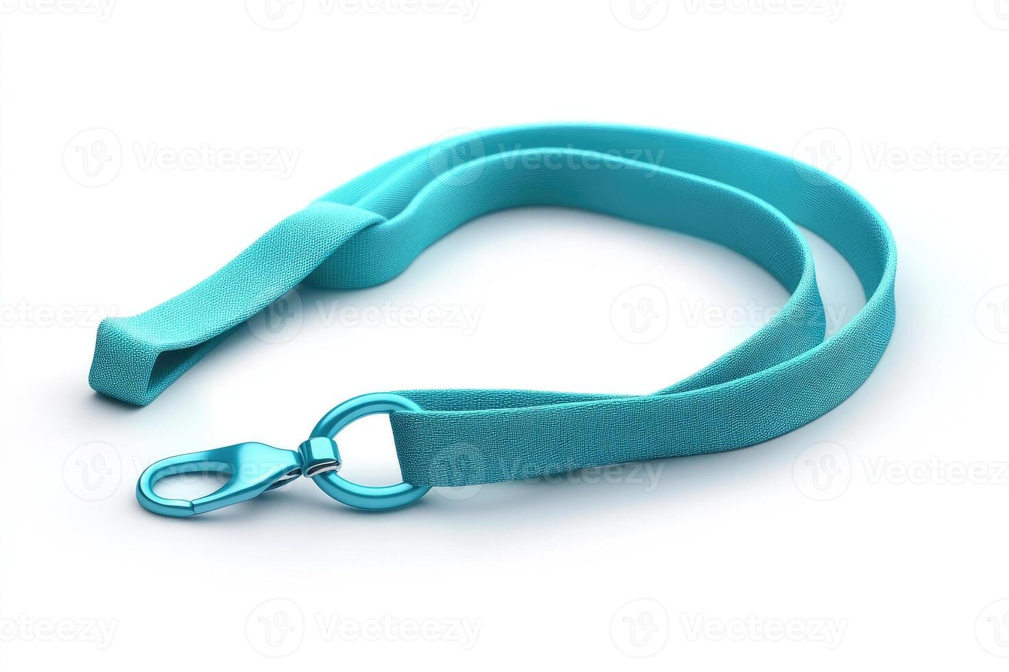 Blank turquoise lanyard with metal clasp lying on white background photo