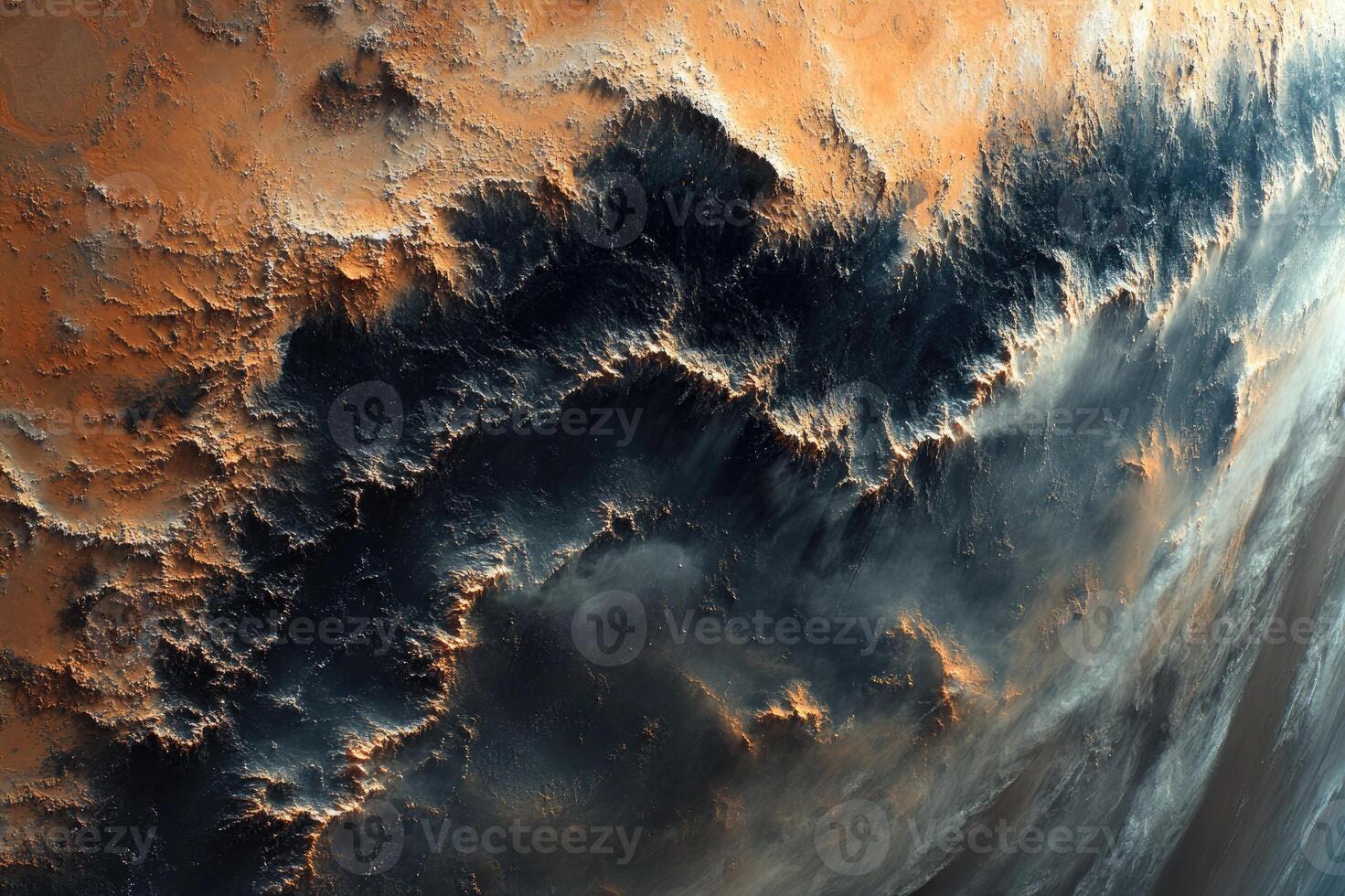 Mars planet surface showing canyons and mountains with erosion features photo
