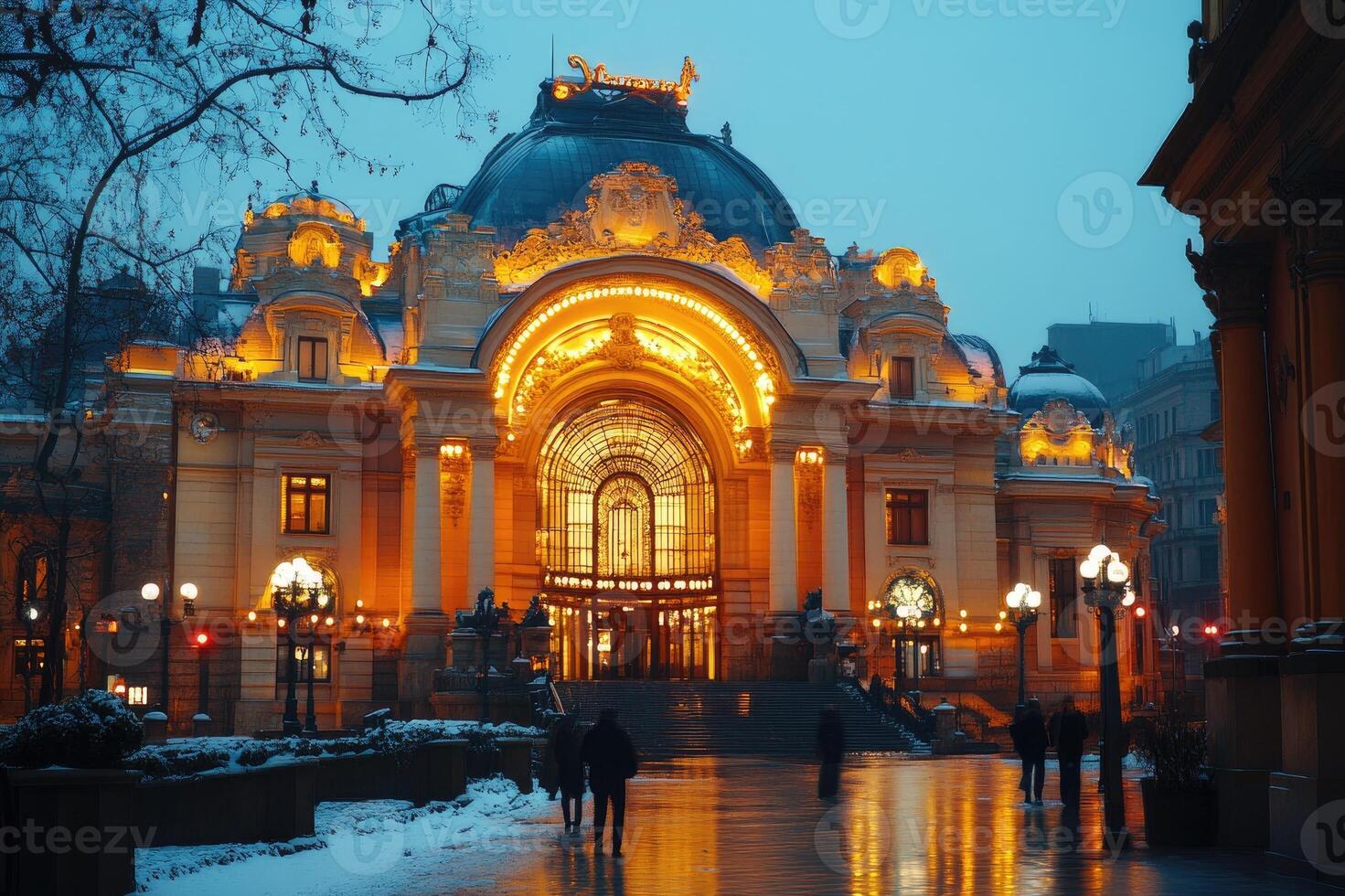 Romanian athenaeum glowing at twilight in winter photo