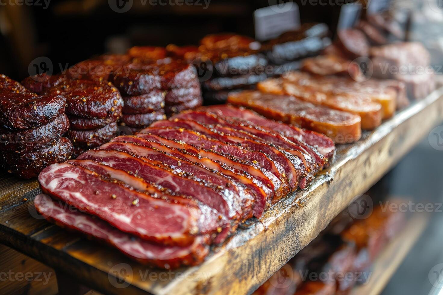 Smoked and cured meat displaying various cuts and preparations photo