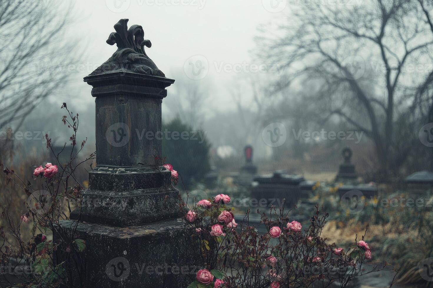 Pink roses blooming near weathered gravestone in foggy cemetery photo