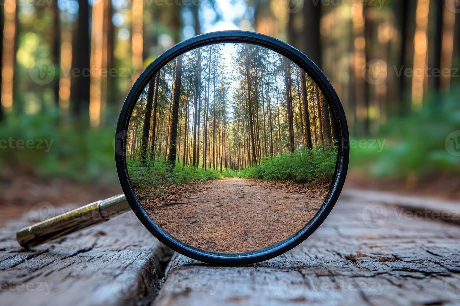 Magnifying glass showing forest path leading to bright future photo