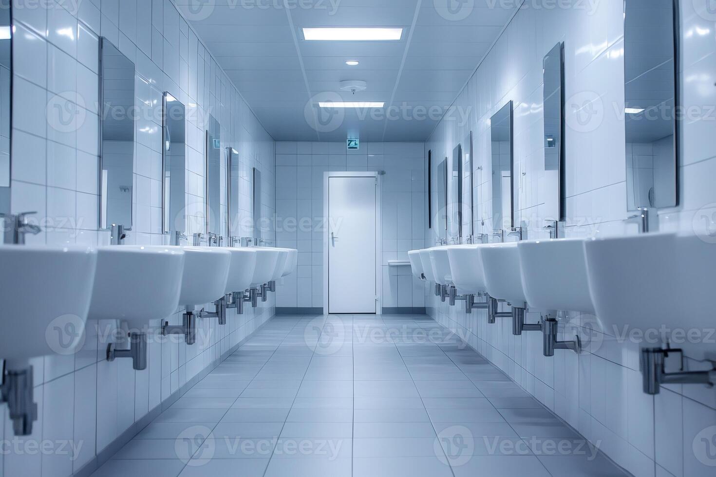 Public restroom corridor with white sinks and mirrors reflecting light photo