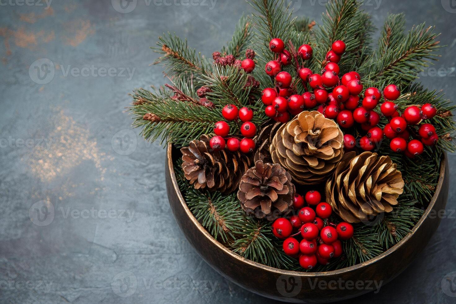 Christmas centerpiece with pine cones, red berries and fir branches creating festive atmosphere photo