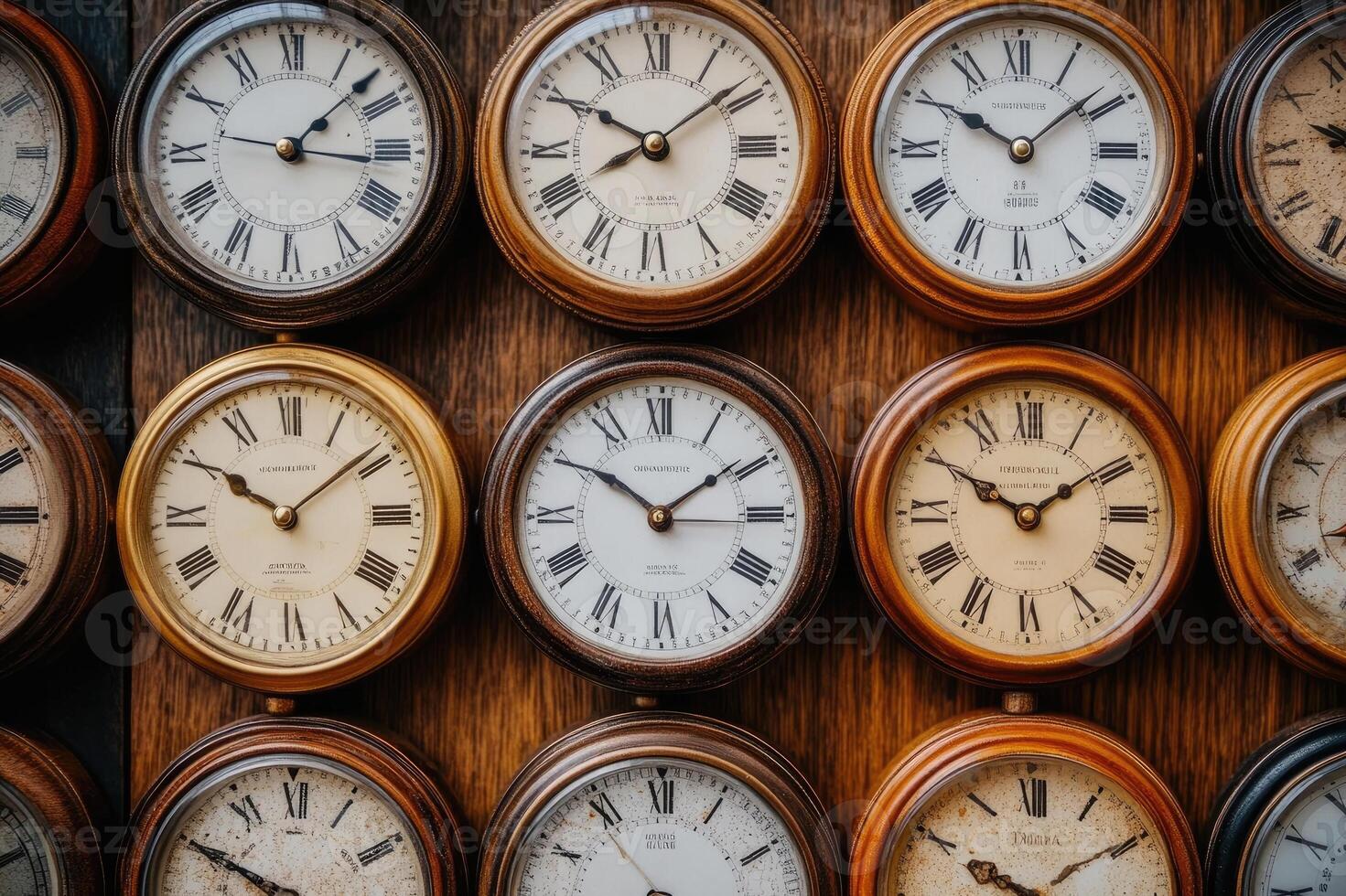Many round clocks hanging on wooden wall showing different times photo