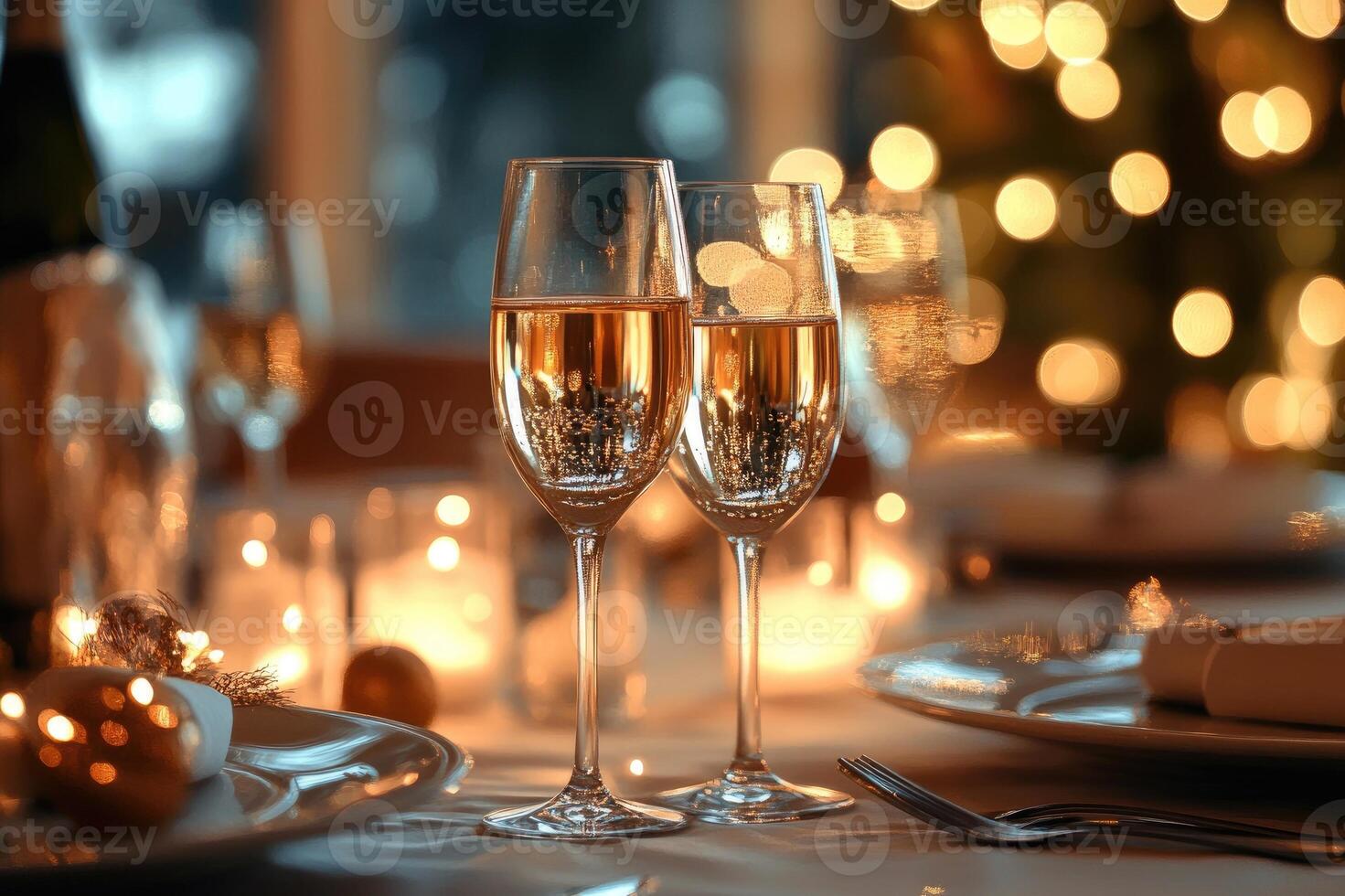 Two champagne flutes sparkling on festive christmas table setting photo