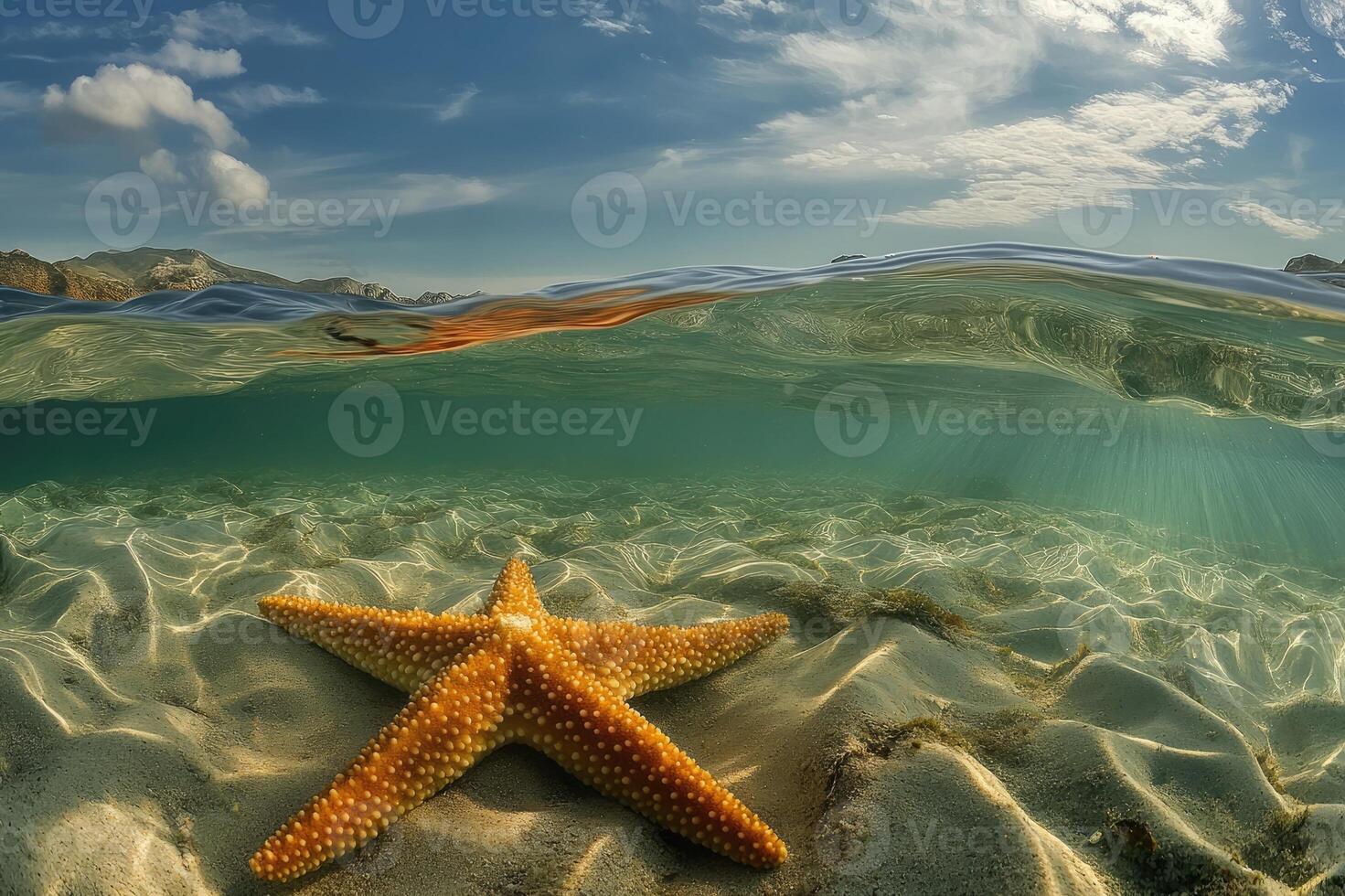 Starfish resting on the seabed in shallow water near the coast photo
