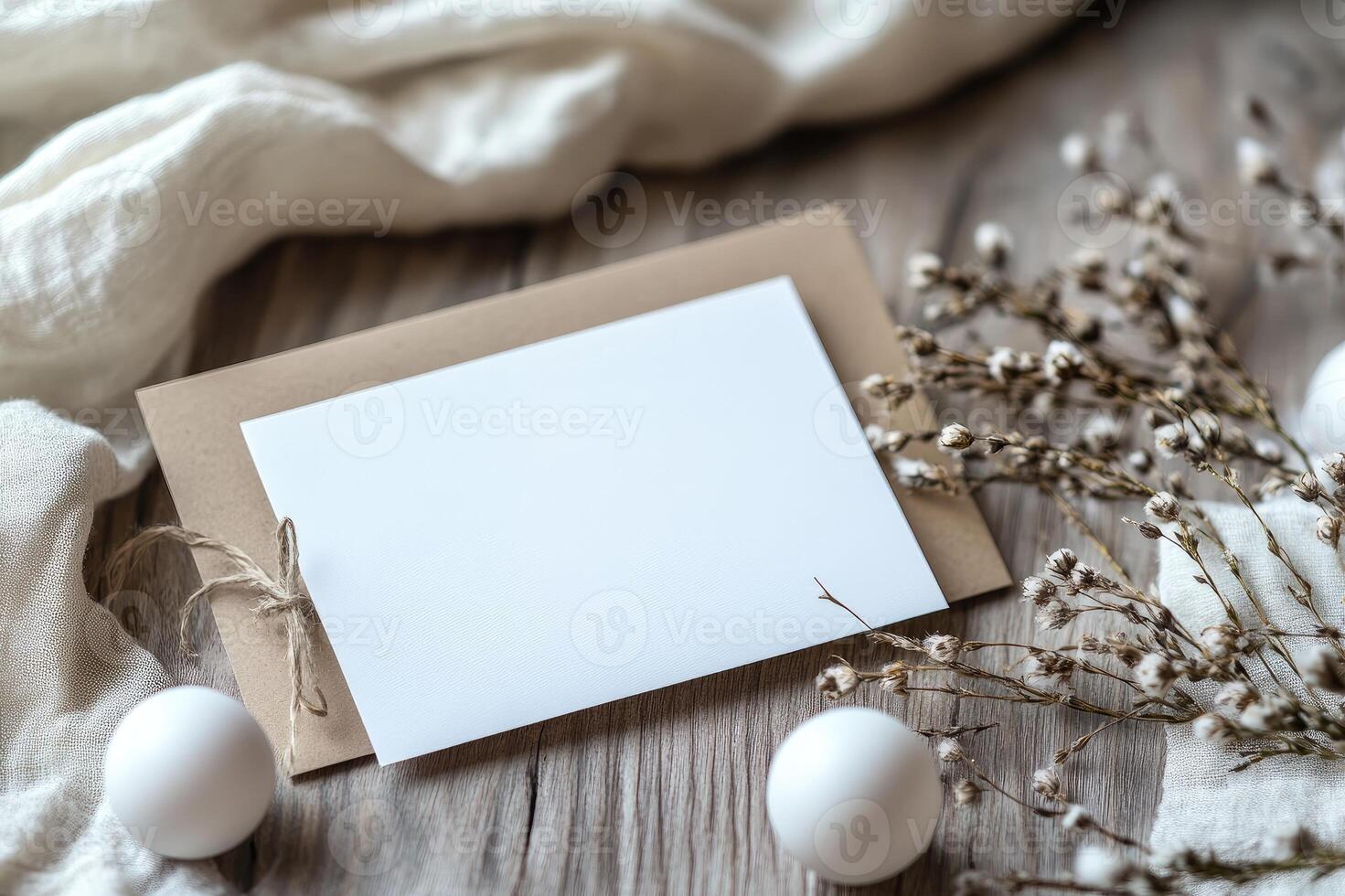 Blank card, craft envelope, eggs, and dried flowers creating a rustic easter scene on wooden table photo