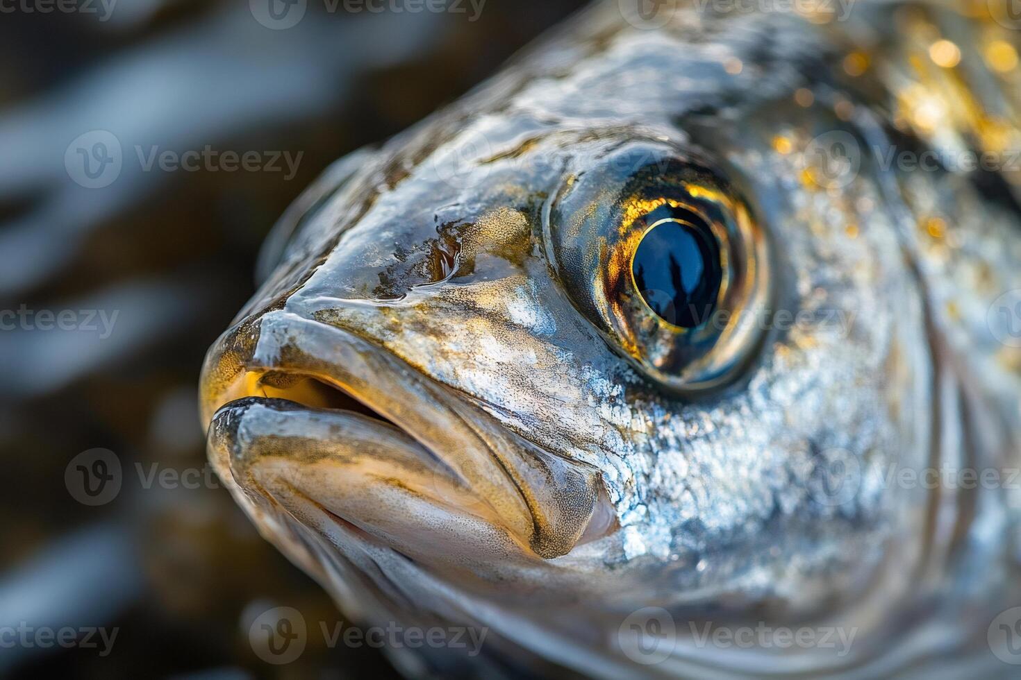 European seabass being pulled out of the water by a fisherman photo