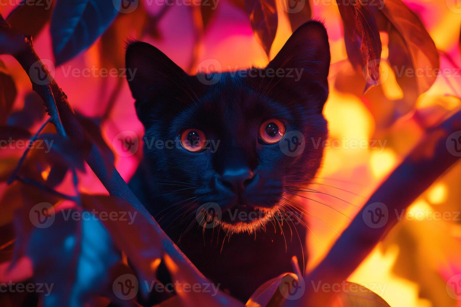 Black cat hiding in colorful foliage with intense gaze photo