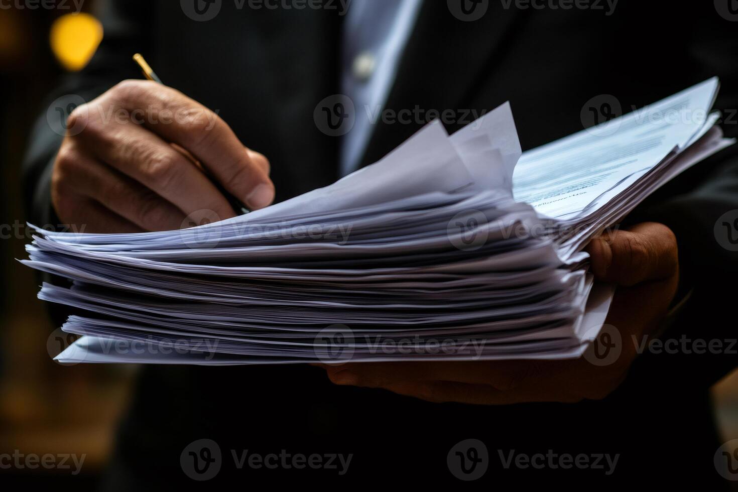 Businessman holding and checking a stack of documents with a pen photo