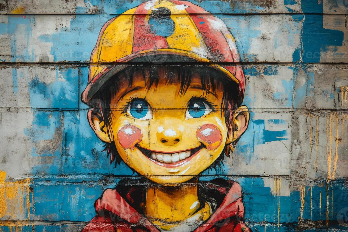 Smiling child graffiti art on a concrete wall expressing happiness photo