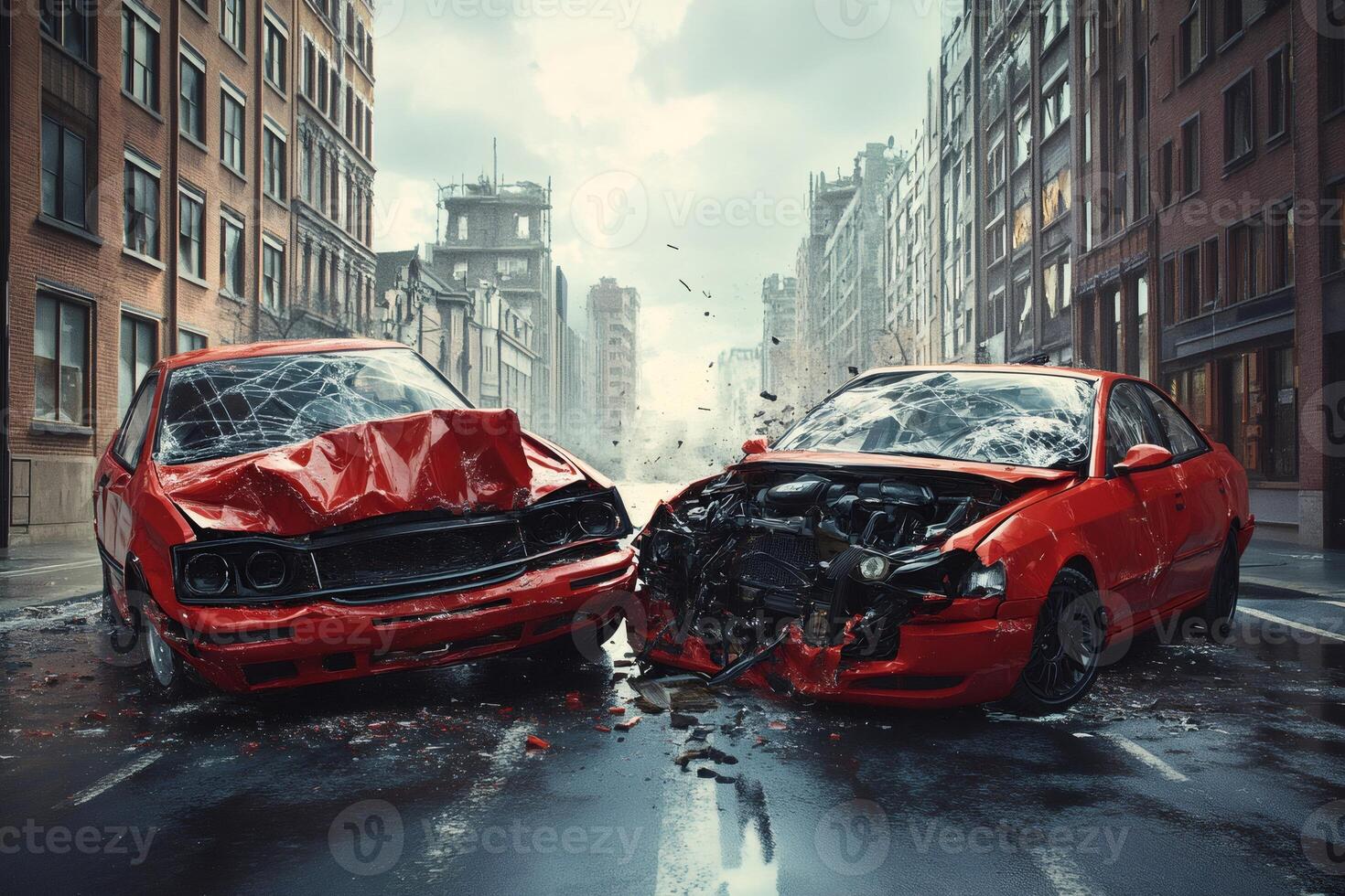 Two red cars crashing violently on city street after an accident photo