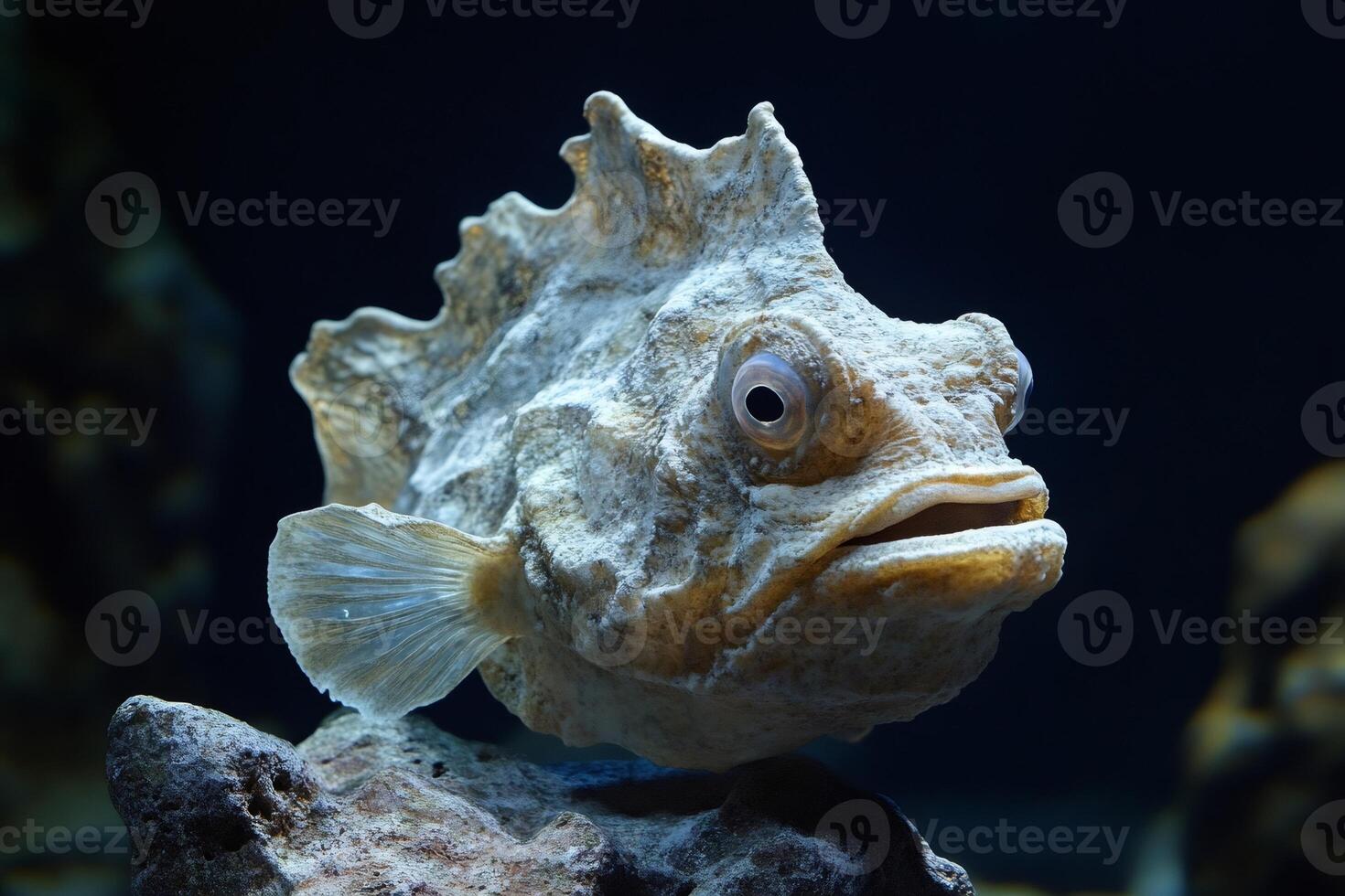 Toadfish resting on a rock in dark water with open mouth showing teeth photo