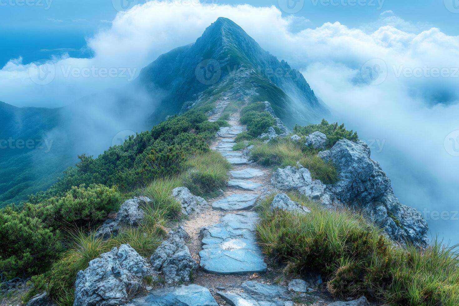 Rocky path leading to a mountain peak surrounded by clouds photo