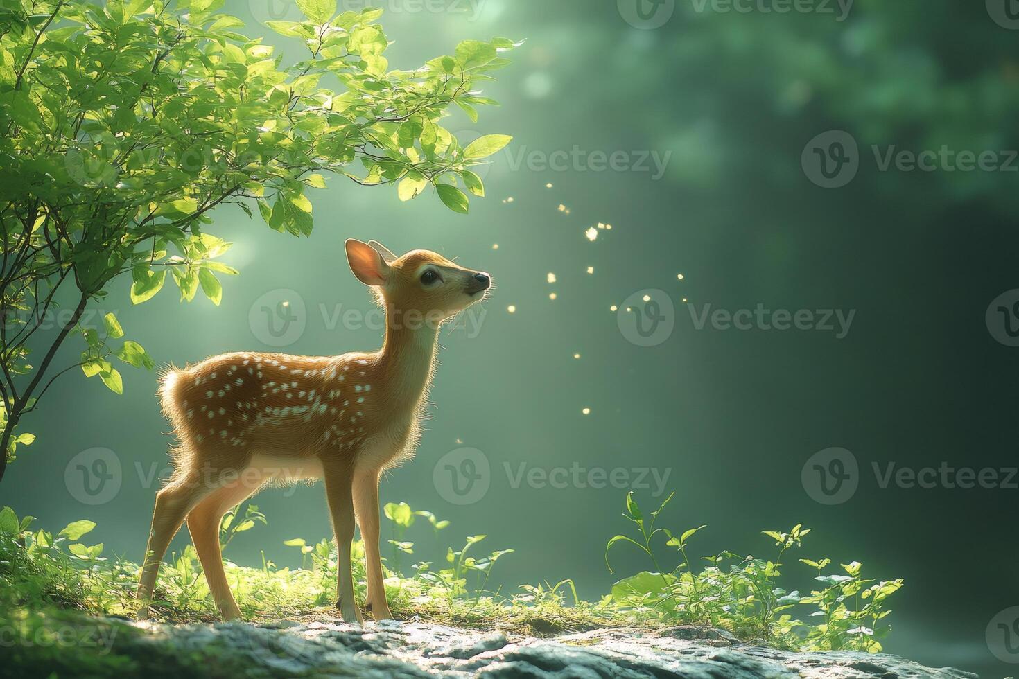 Curious fawn exploring lush green forest in bright sunlight photo
