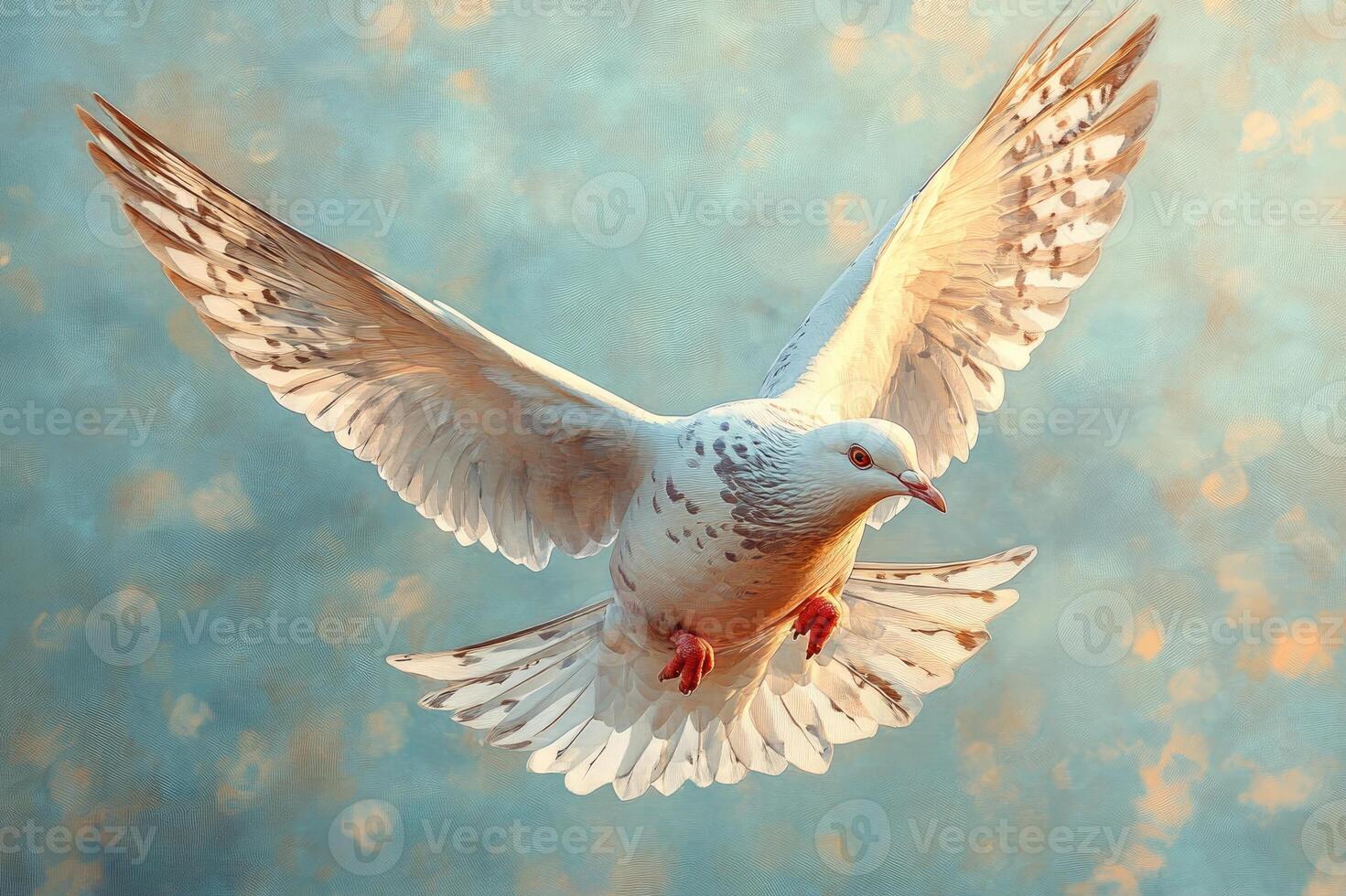 White dove flying with spread wings in blue sky photo