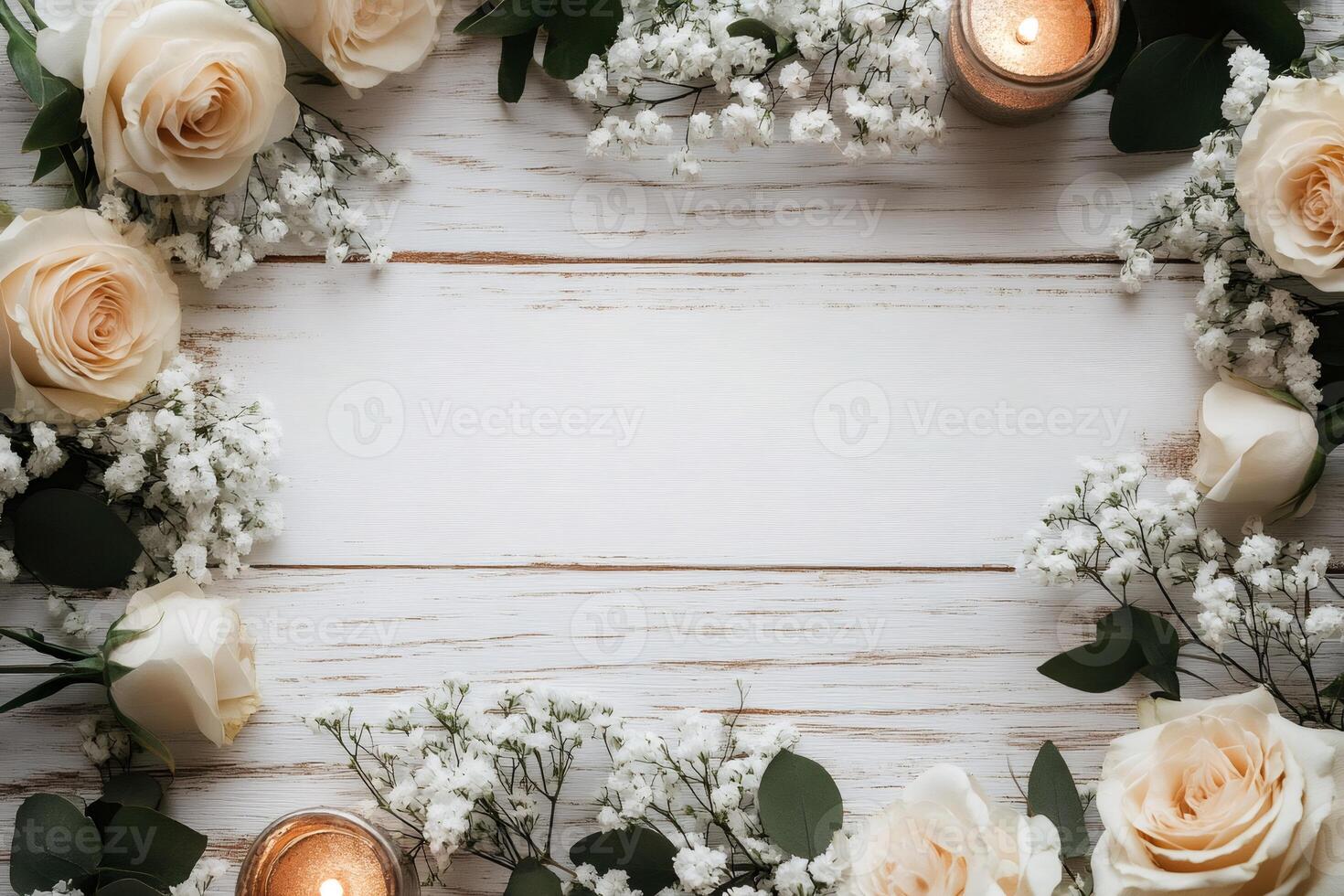 White wood background decorated with roses, baby's breath and candles creating copy space photo