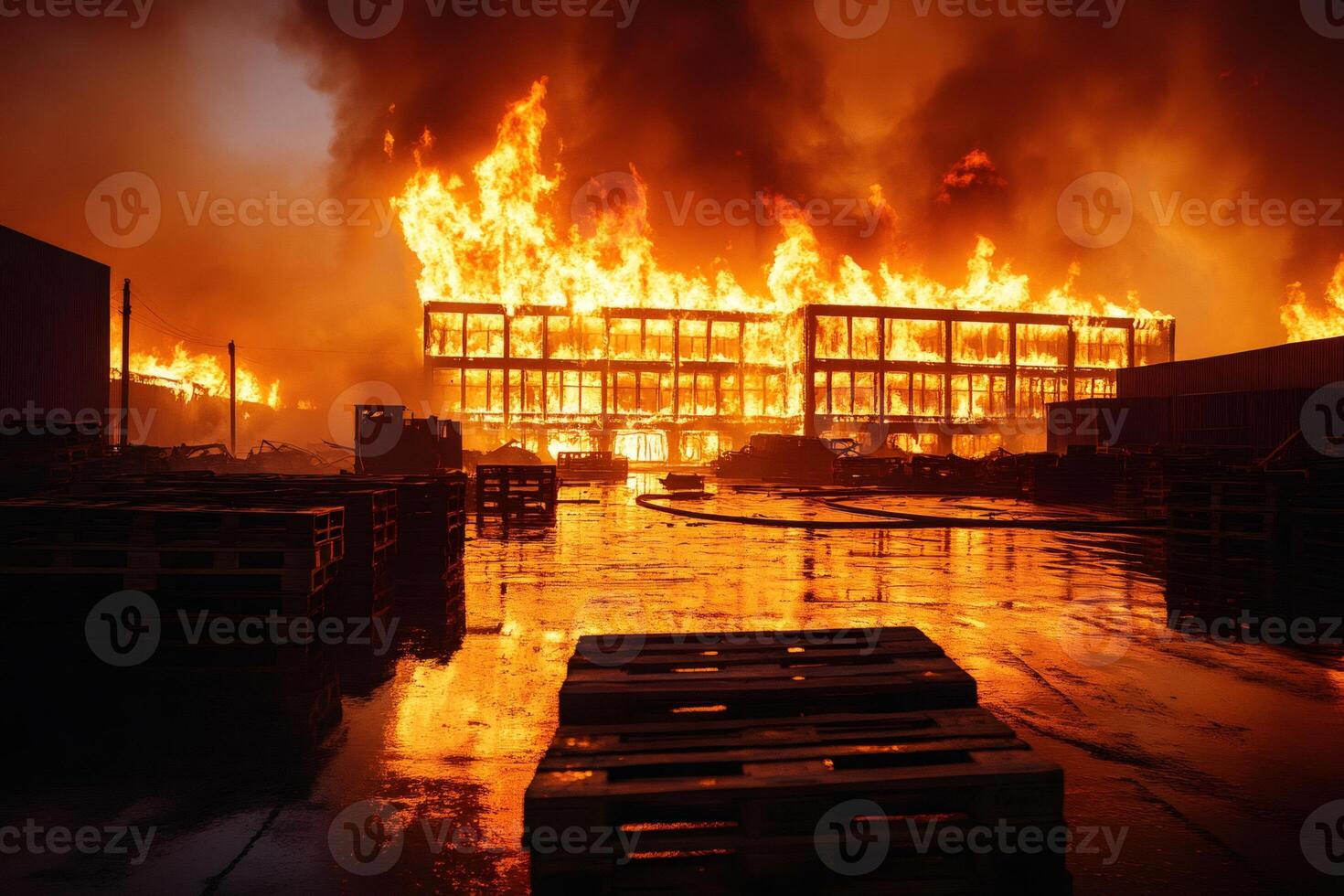 Huge fire burning a large industrial building at night photo
