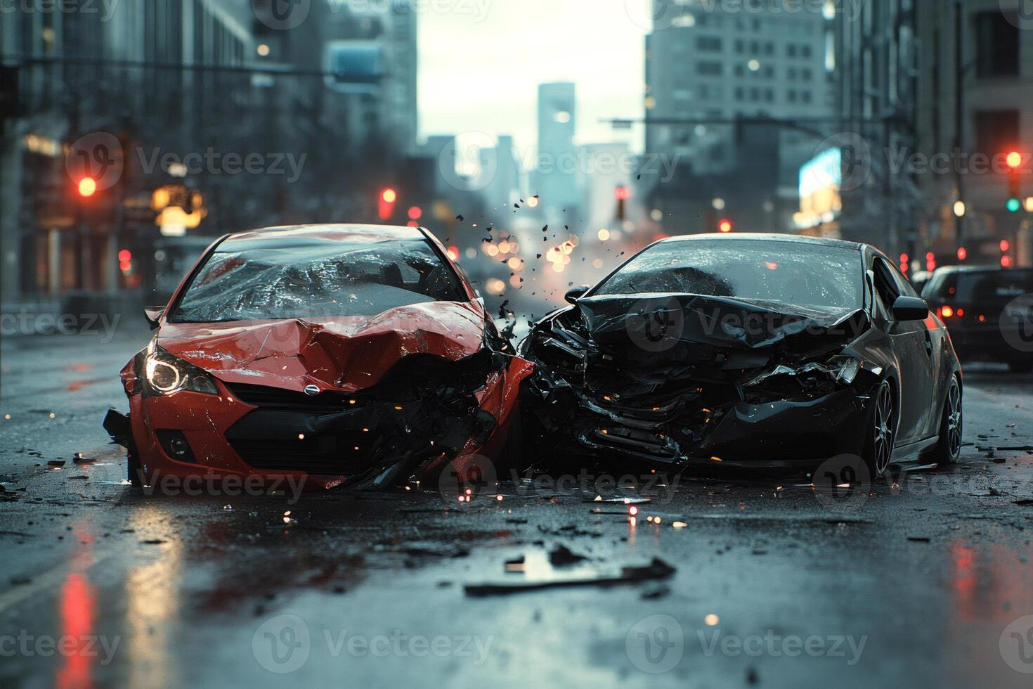 Two cars crashing violently on a city street during a rainy day photo