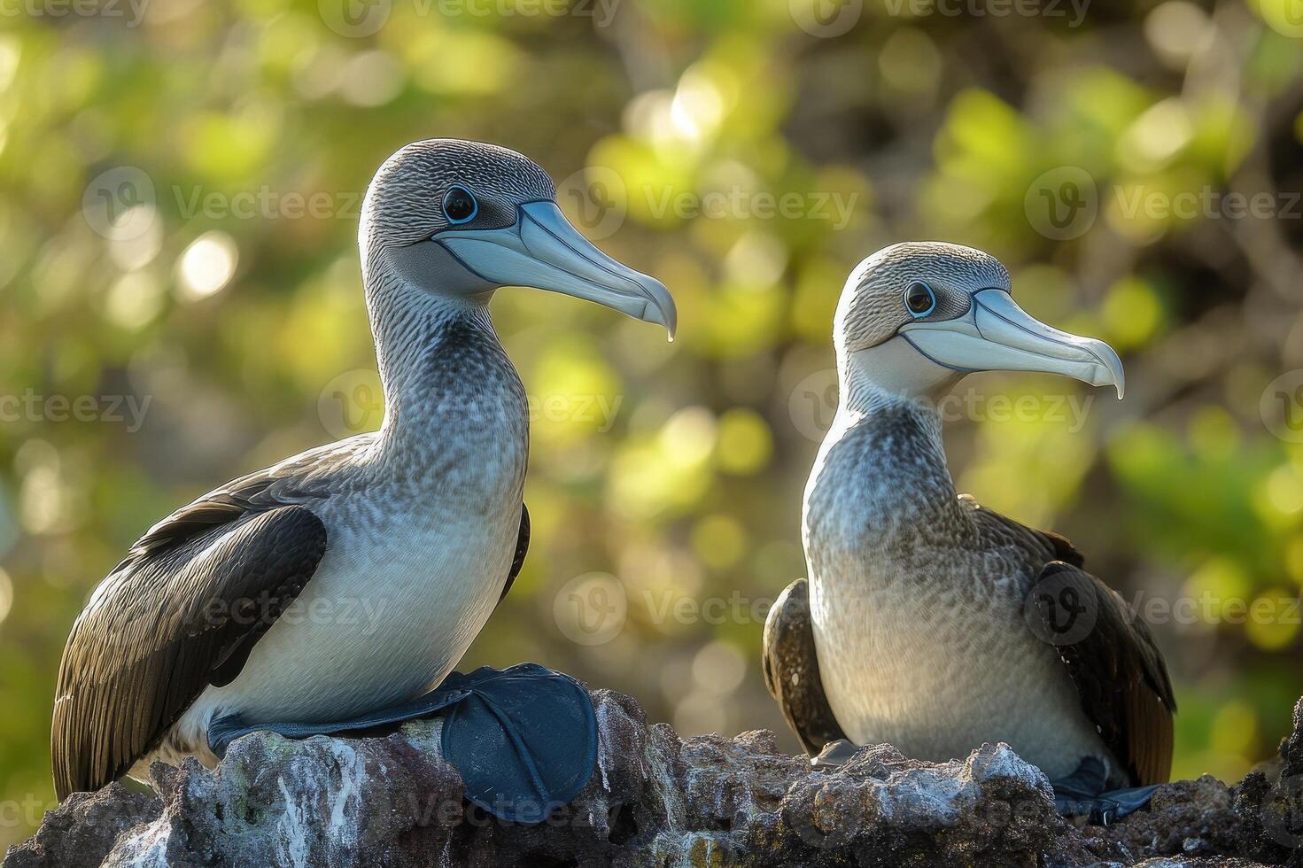 Two blue-footed boobies resting on volcanic rock in galapagos islands photo